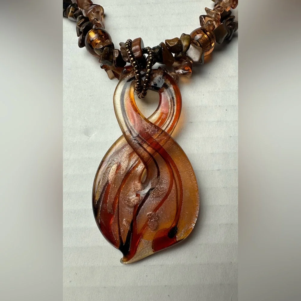 Vintage Murano Amber Twisted Glass Chunky Pendant Necklace‎ Stone Beads Bohemian